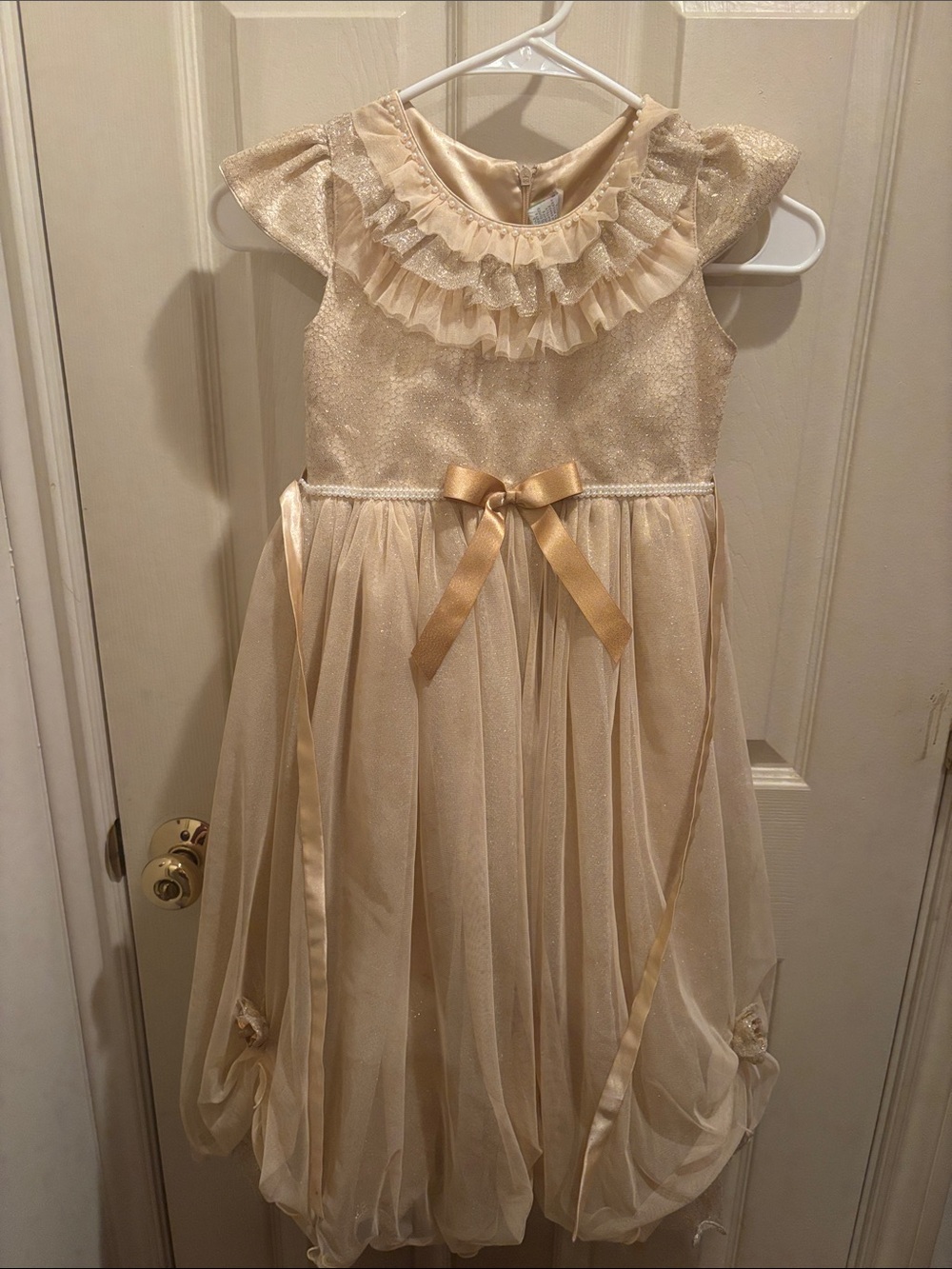 Girls 6-8 yrs old, gold pearl dress- bdays, wedding. Worn once. Tulle and chffon